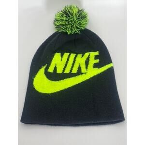 NIKE Youth Black/Neon Green Swoosh Logo Pom-Pom Knit Beanie Hat SZ OS